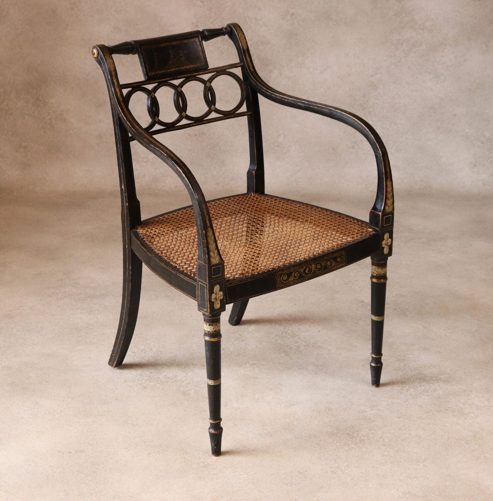 Antique Regency Ebonised parcel-Gilt Painted Elbow Chair Cane Seat Armchair