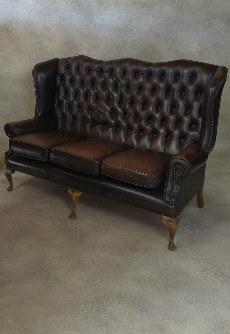 Vintage Queen Anne Style High Back Brown Leather Chesterfield Sofa