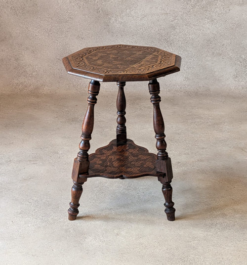 Antique Arts & Crafts Carved Oak Side Table Liberty Style Octagonal Plant Stand
