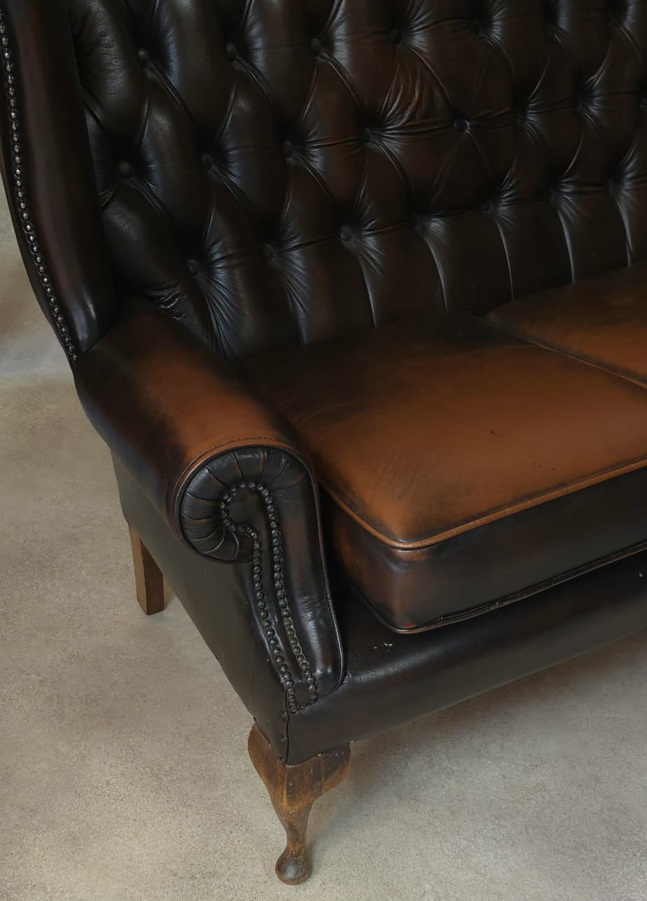 Vintage Queen Anne Style High Back Brown Leather Chesterfield Sofa