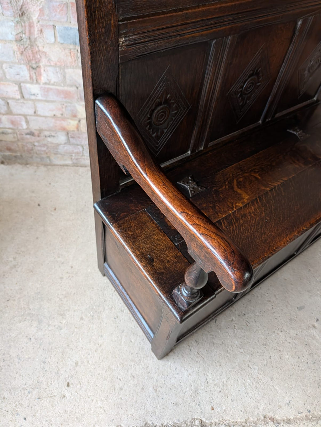 Antique Early 20th Century Carved Oak Hall Settle – Jacobean Revival Style Bench