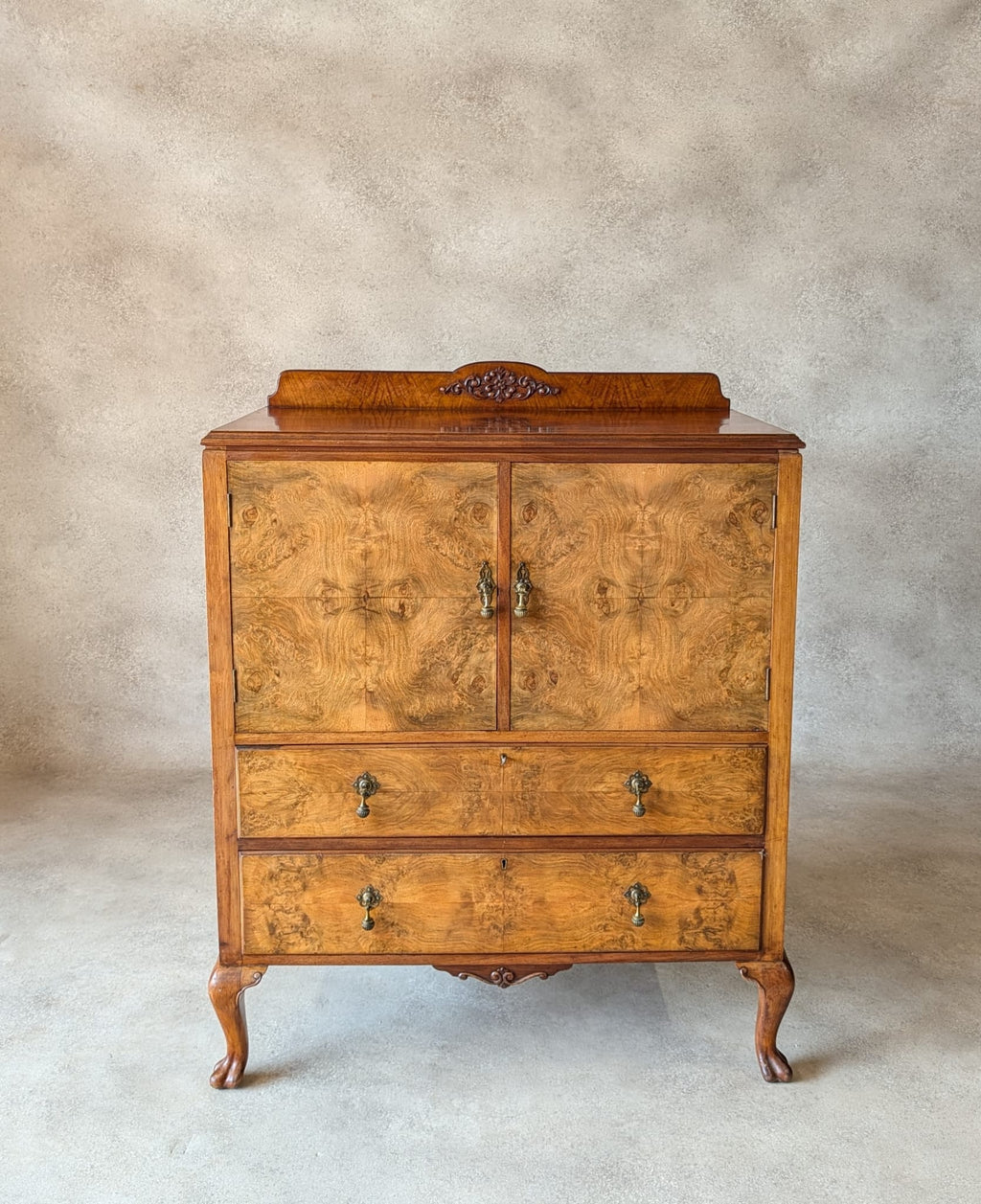 Vintage Art Deco Burr Walnut Linen Cupboard Queen Anne Style Tallboy 1930s