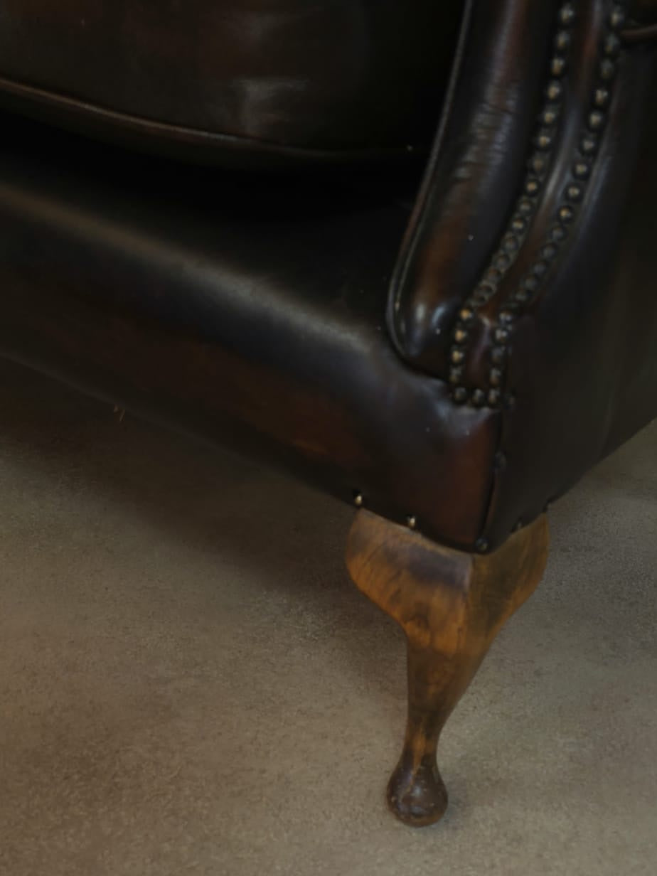 Vintage Queen Anne Style High Back Brown Leather Chesterfield Sofa