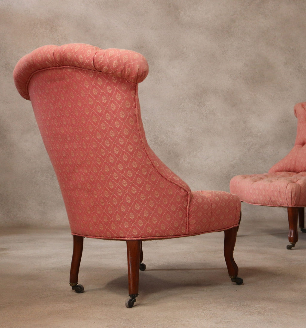 Pair Of Antique Walnut Victorian Chairs Scroll Back Slipper Chairs