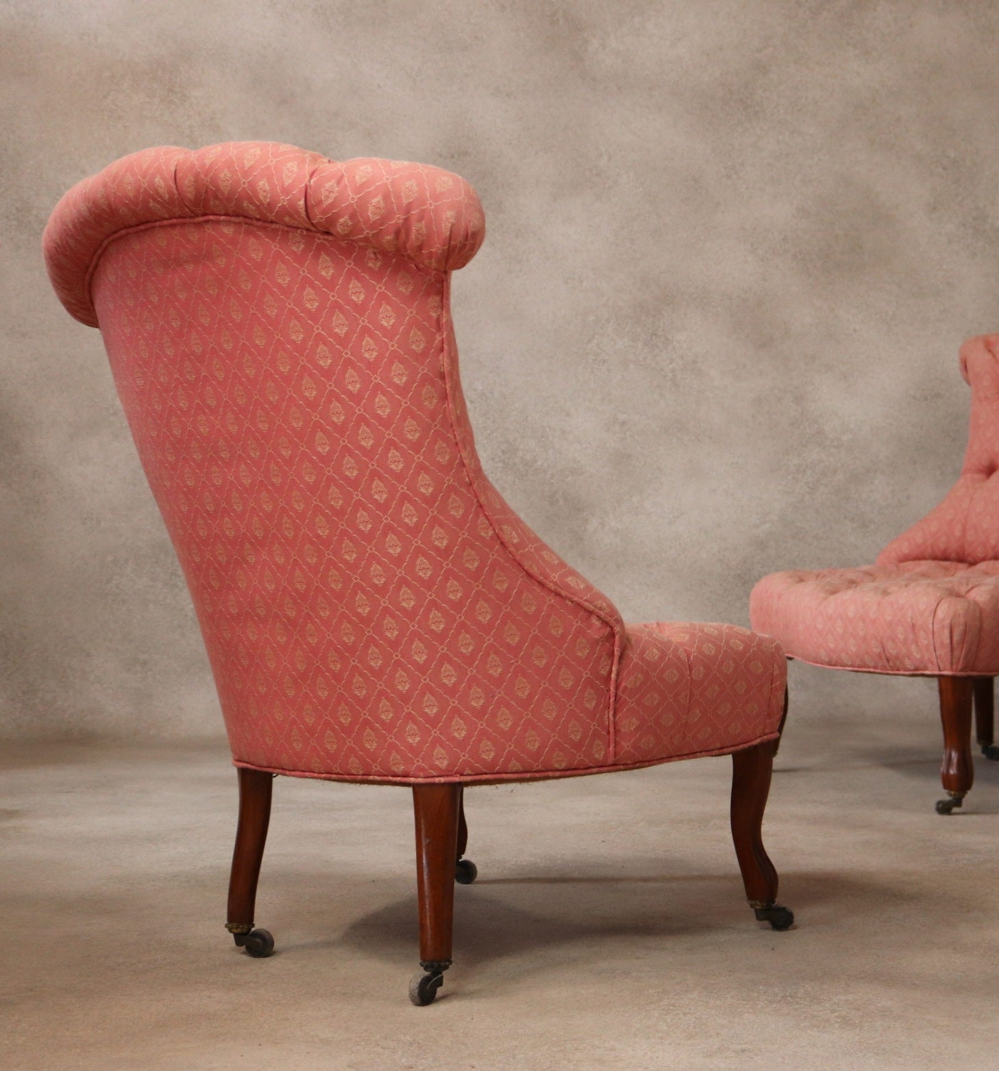 Pair Of Antique Walnut Victorian Chairs Scroll Back Slipper Chairs