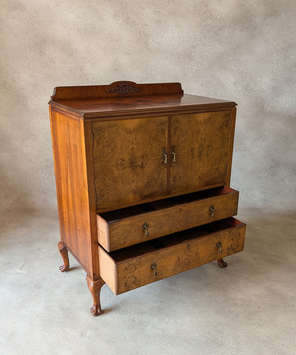 Vintage Art Deco Burr Walnut Linen Cupboard Queen Anne Style Tallboy 1930s