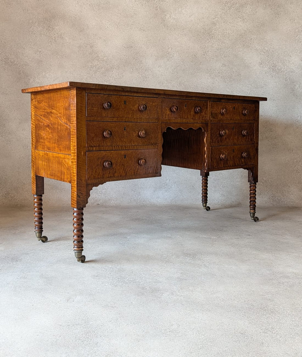 Antique Victorian Burr Walnut & Fiddleback Kneehole Desk With Bobbin Legs c.1890