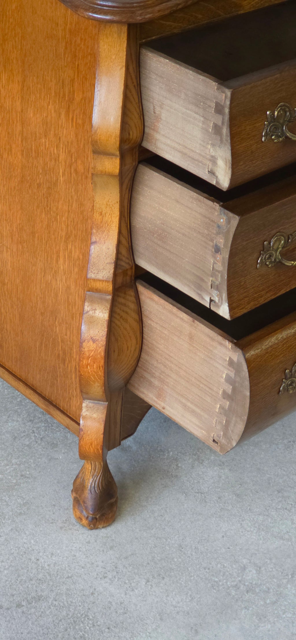 Small Oak Dutch Bombe Commode – Ornate Vintage Three-Drawer Chest