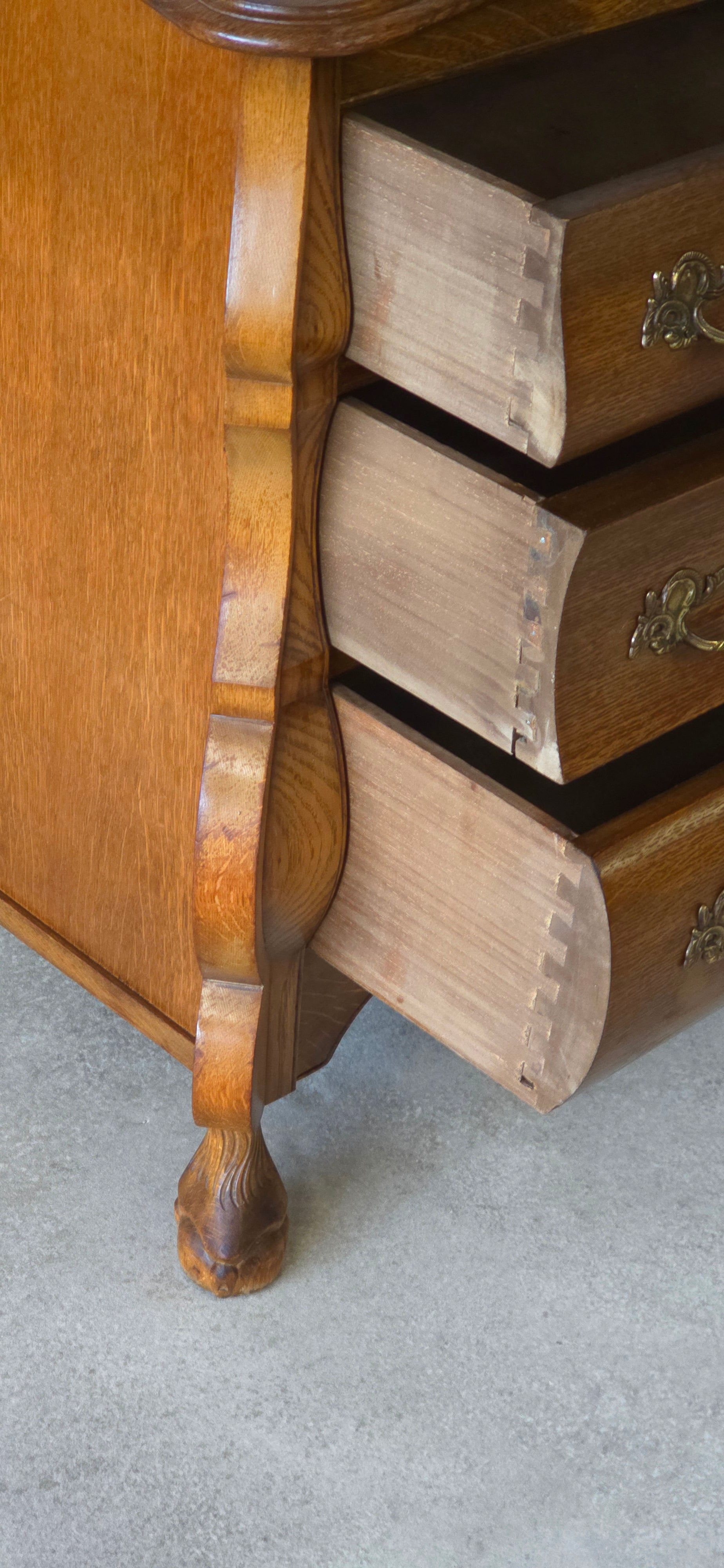 Small Oak Dutch Bombe Commode – Ornate Vintage Three-Drawer Chest