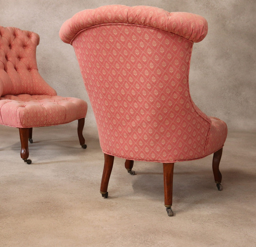Pair Of Antique Walnut Victorian Chairs Scroll Back Slipper Chairs
