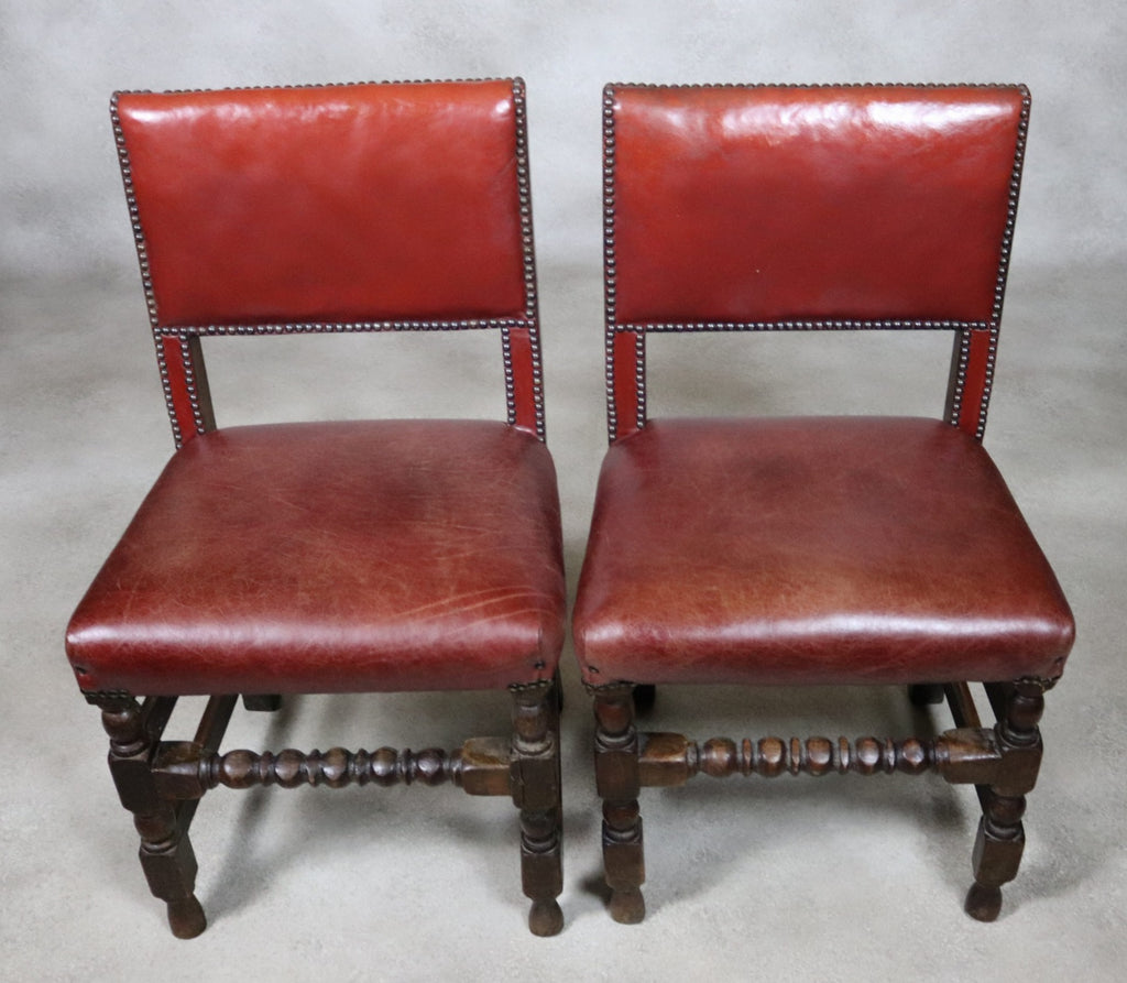 Set Of 6 Antique Cromwellian Style Oak And Leather Dining Chairs