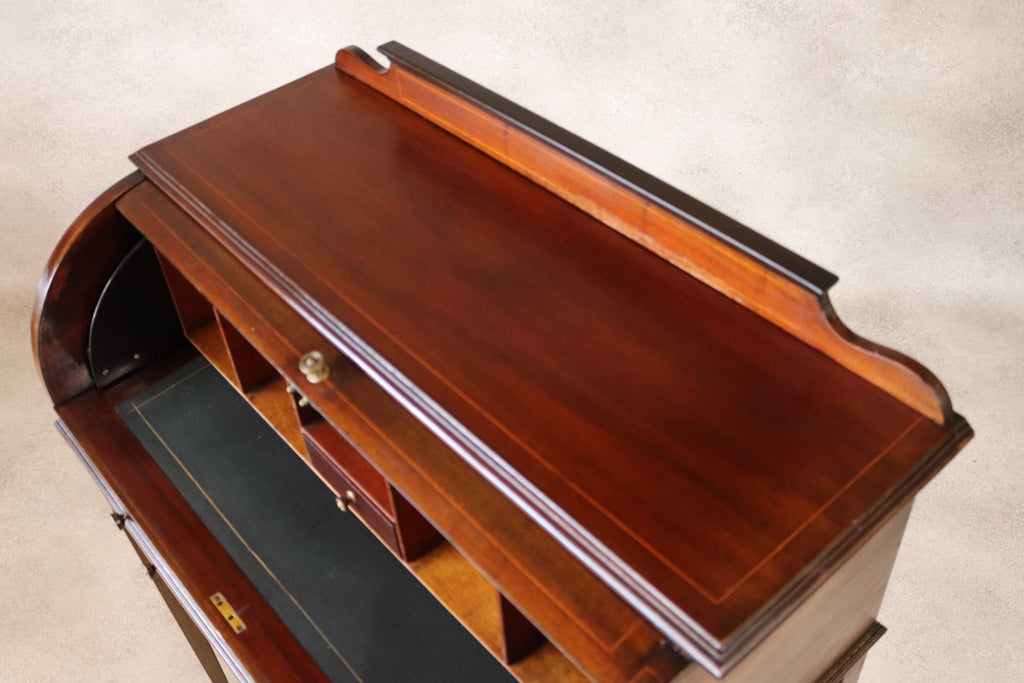 Antique Edwardian Mahogany Cylinder Bureau Desk - Sheraton Style - Circa 1900
