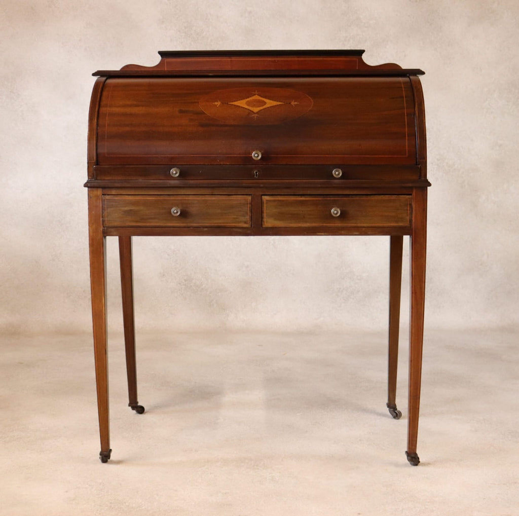 Antique Edwardian Mahogany Cylinder Bureau Desk - Sheraton Style - Circa 1900