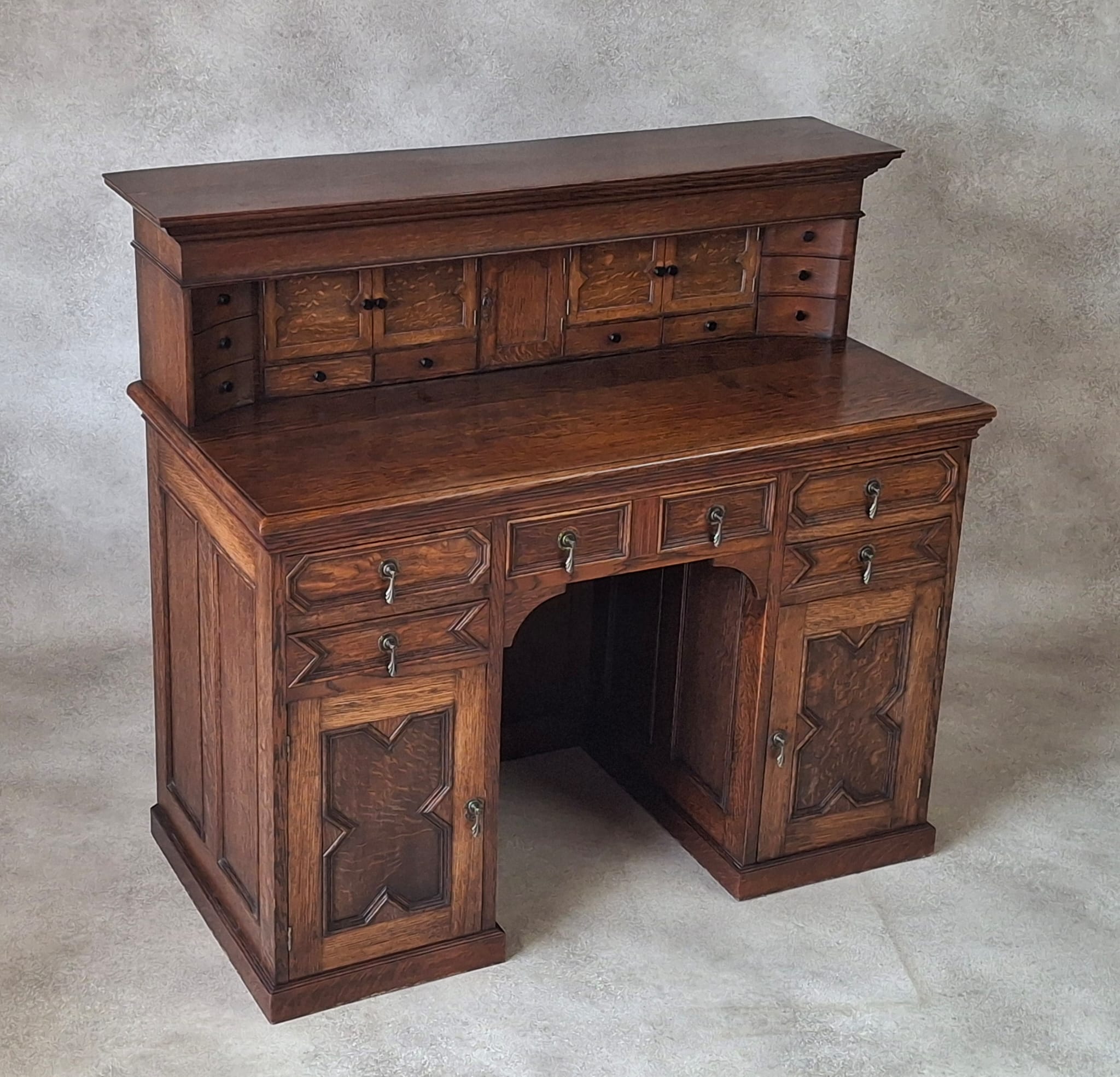 Large Antique Edwardian Jacobean Revival Oak Pedestal Desk - Gallery Top