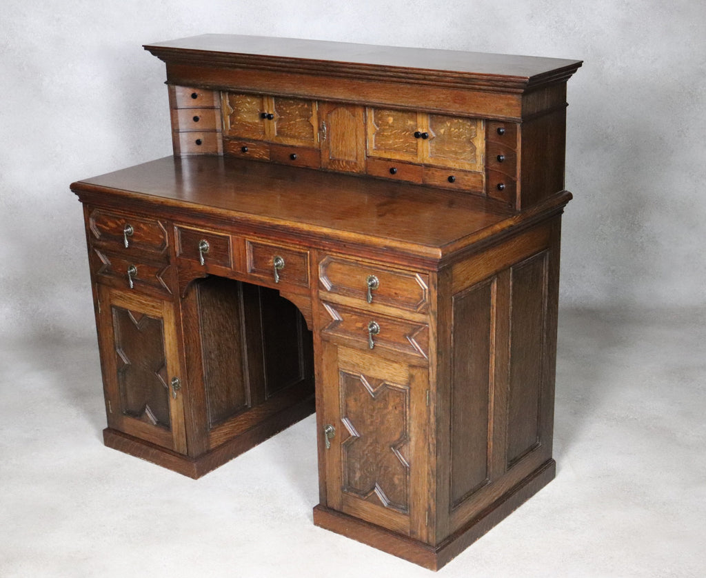 Large Antique Edwardian Jacobean Revival Oak Pedestal Desk - Gallery Top
