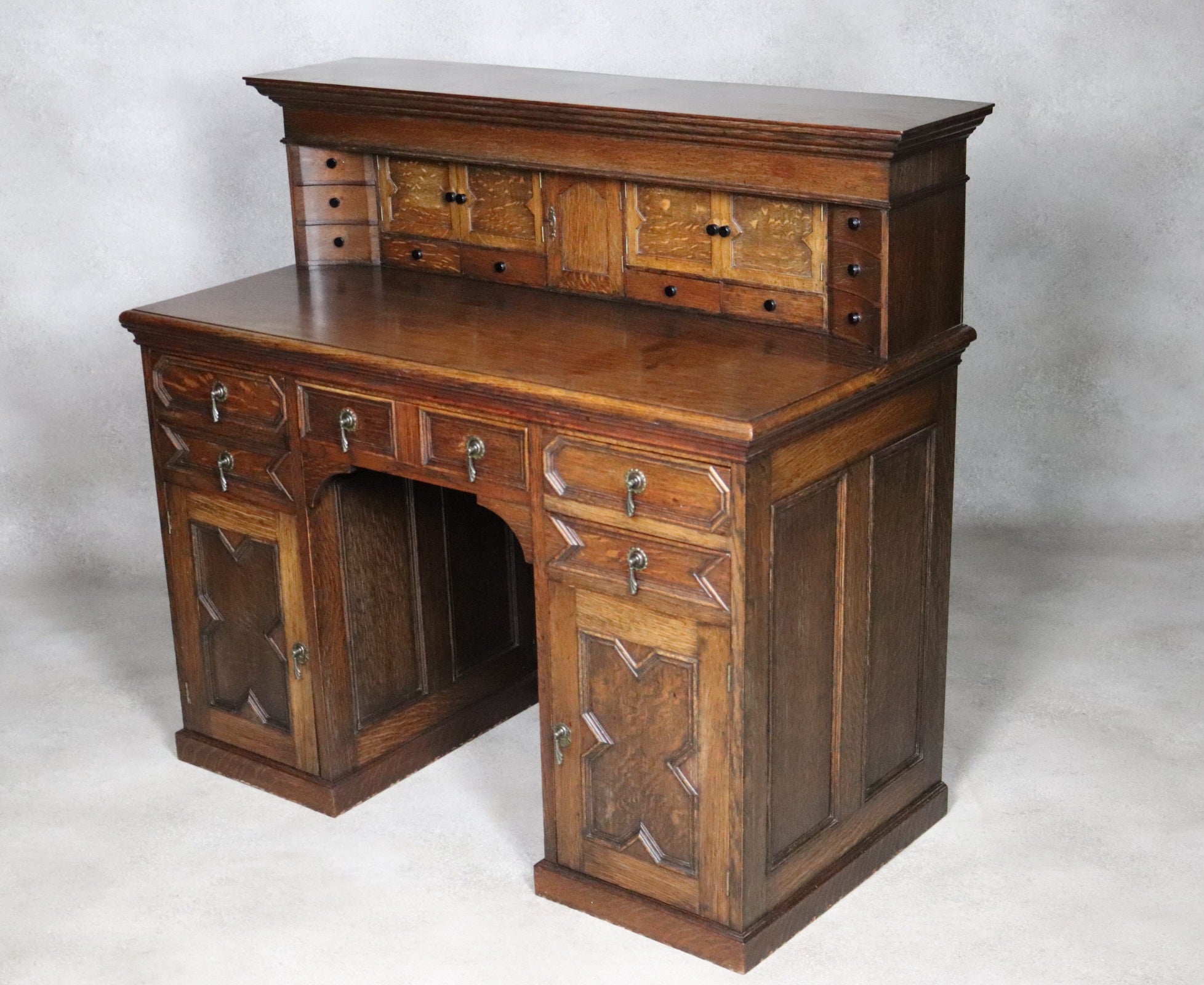 Large Antique Edwardian Jacobean Revival Oak Pedestal Desk - Gallery Top