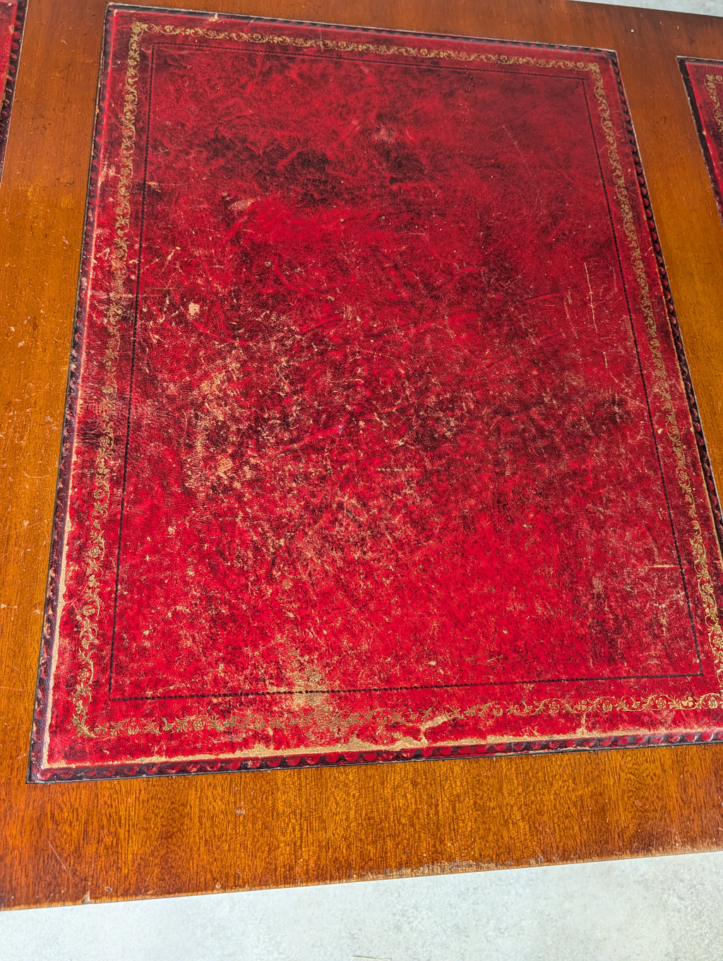 Vintage Red Leather Top Desk Campaign Military Style Mahogany Writing Desk