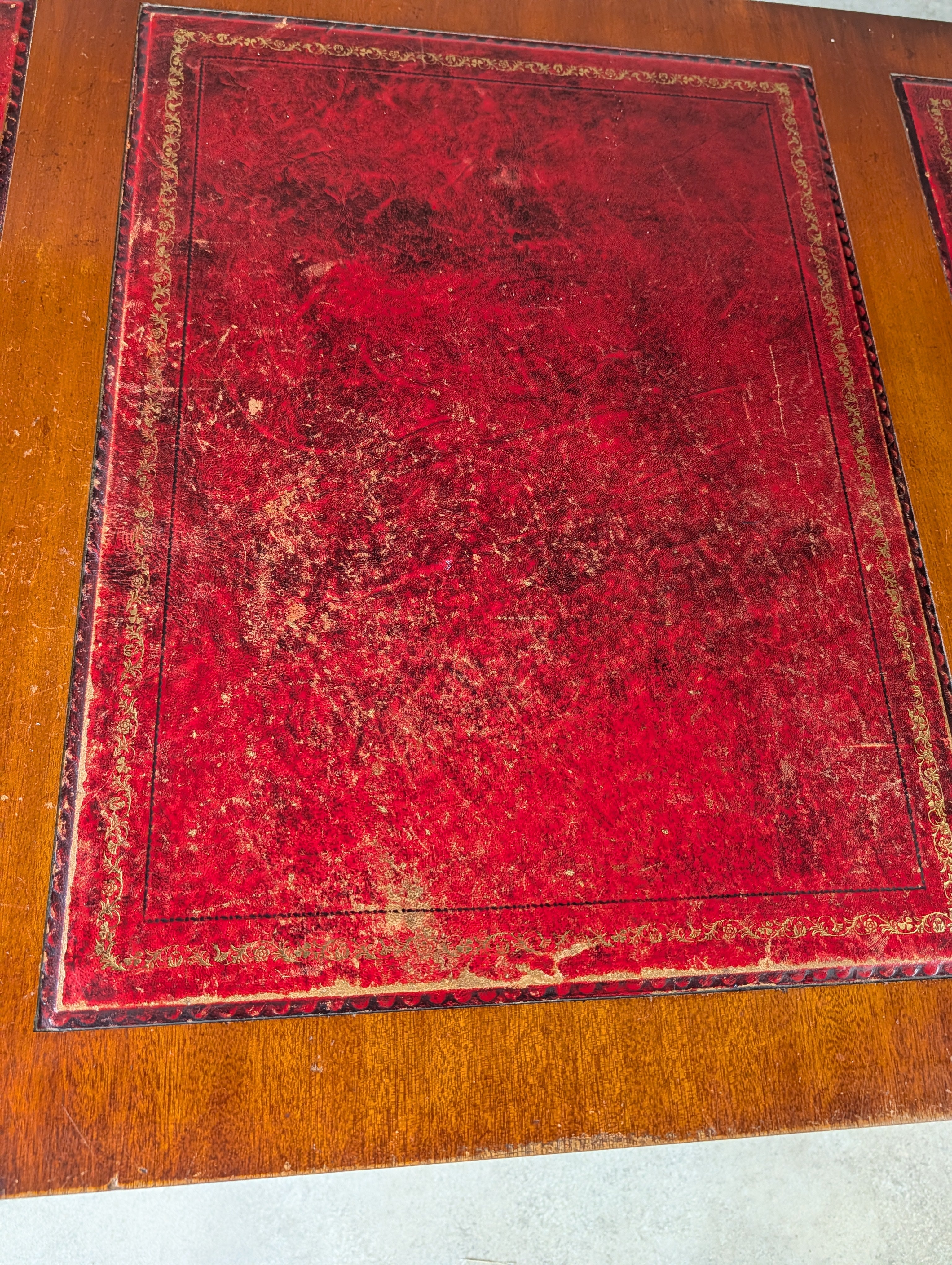 Vintage Red Leather Top Desk Campaign Military Style Mahogany Writing Desk