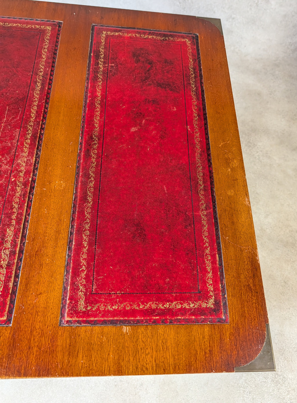 Vintage Red Leather Top Desk Campaign Military Style Mahogany Writing Desk