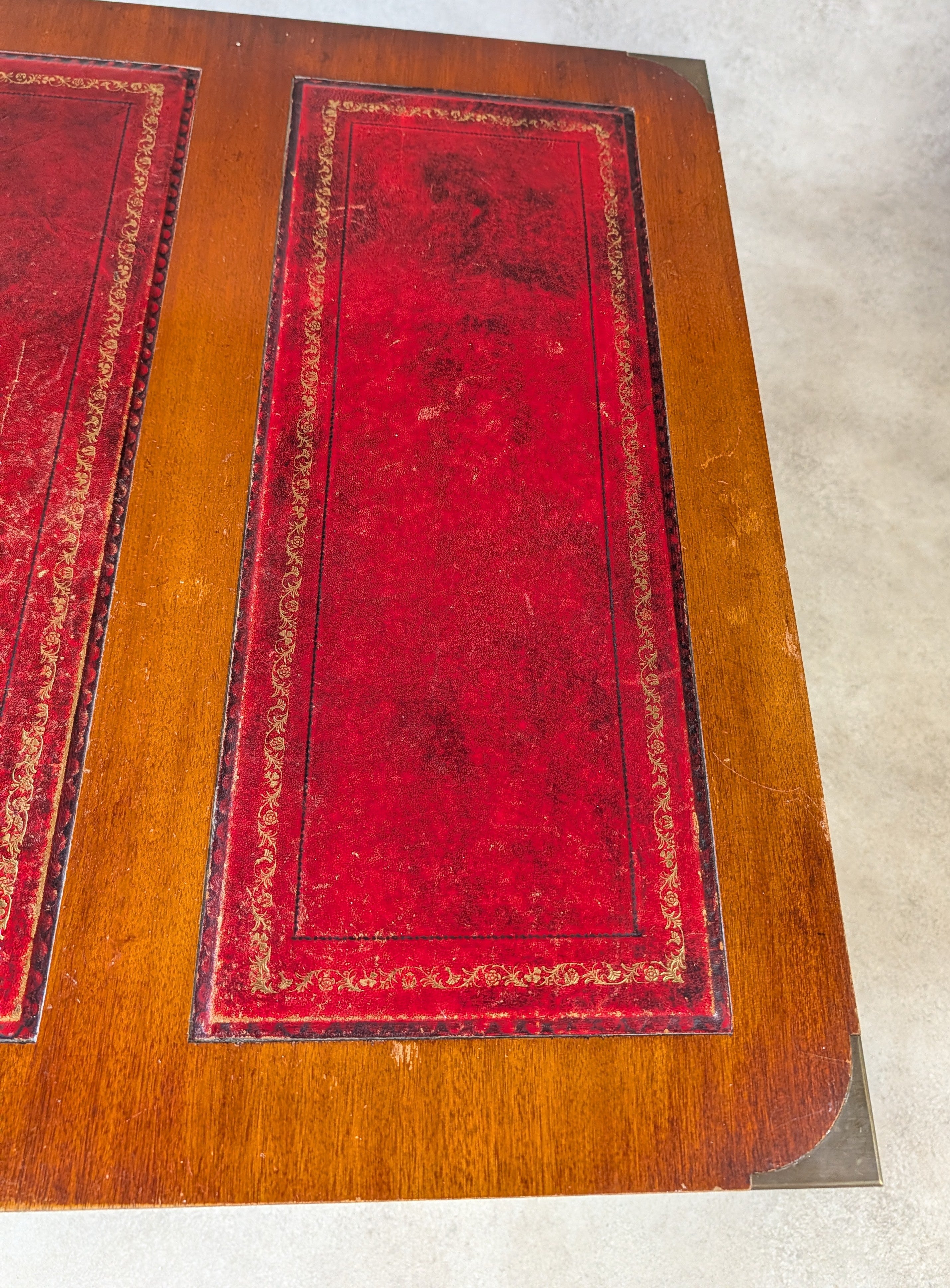 Vintage Red Leather Top Desk Campaign Military Style Mahogany Writing Desk