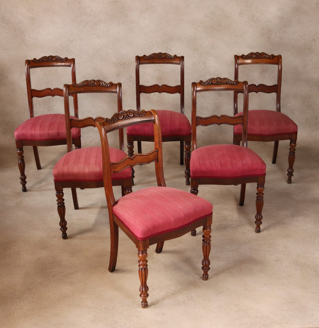 Set of 6 Late Victorian Antique Walnut Dining Chairs with Carved Crest Rails