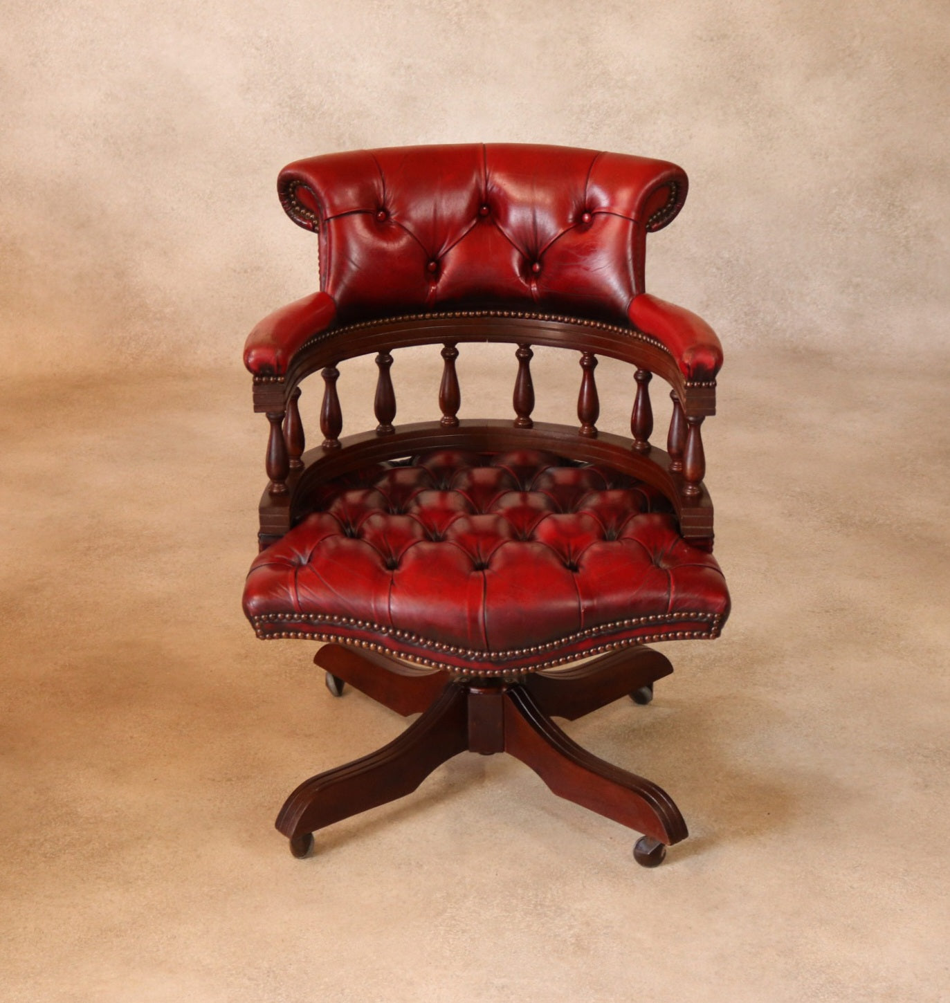 Vintage Red Leather Chesterfield Captains Chair Swivel Office Desk Chair