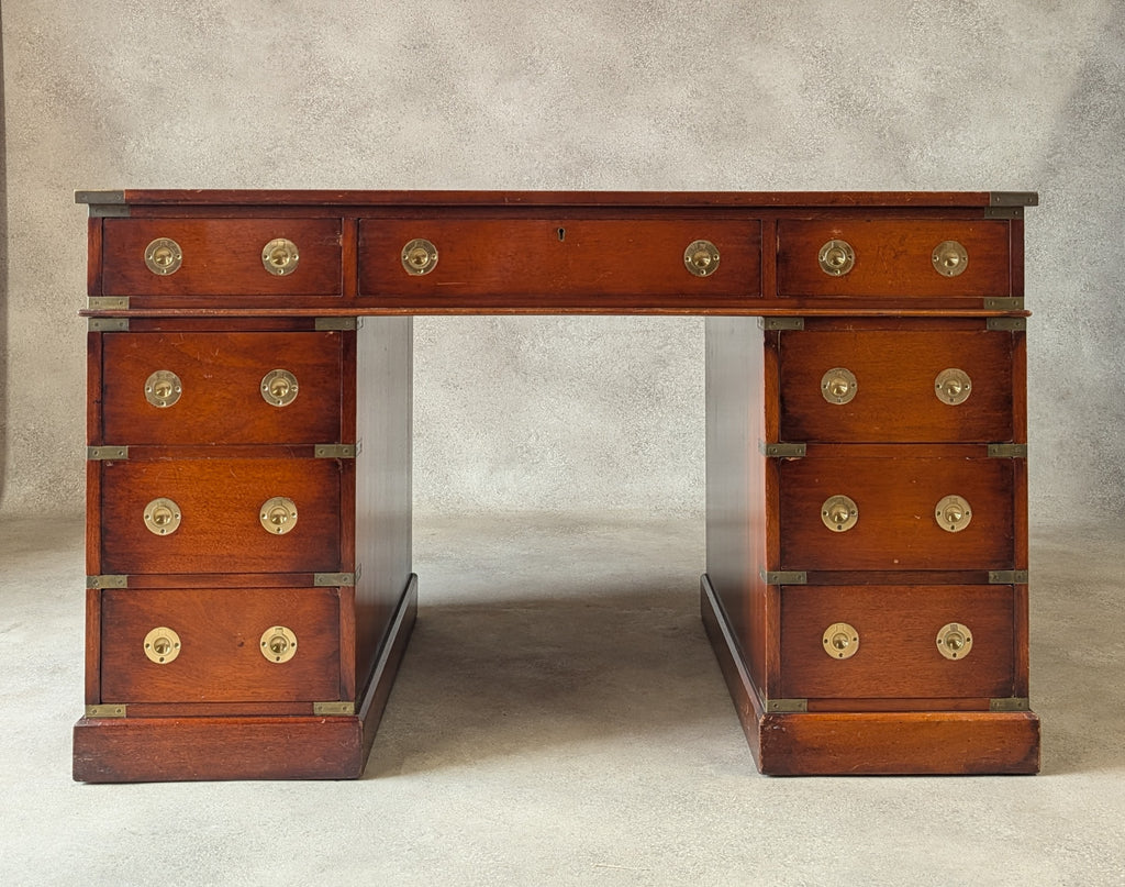 Vintage Red Leather Top Desk Campaign Military Style Mahogany Writing Desk