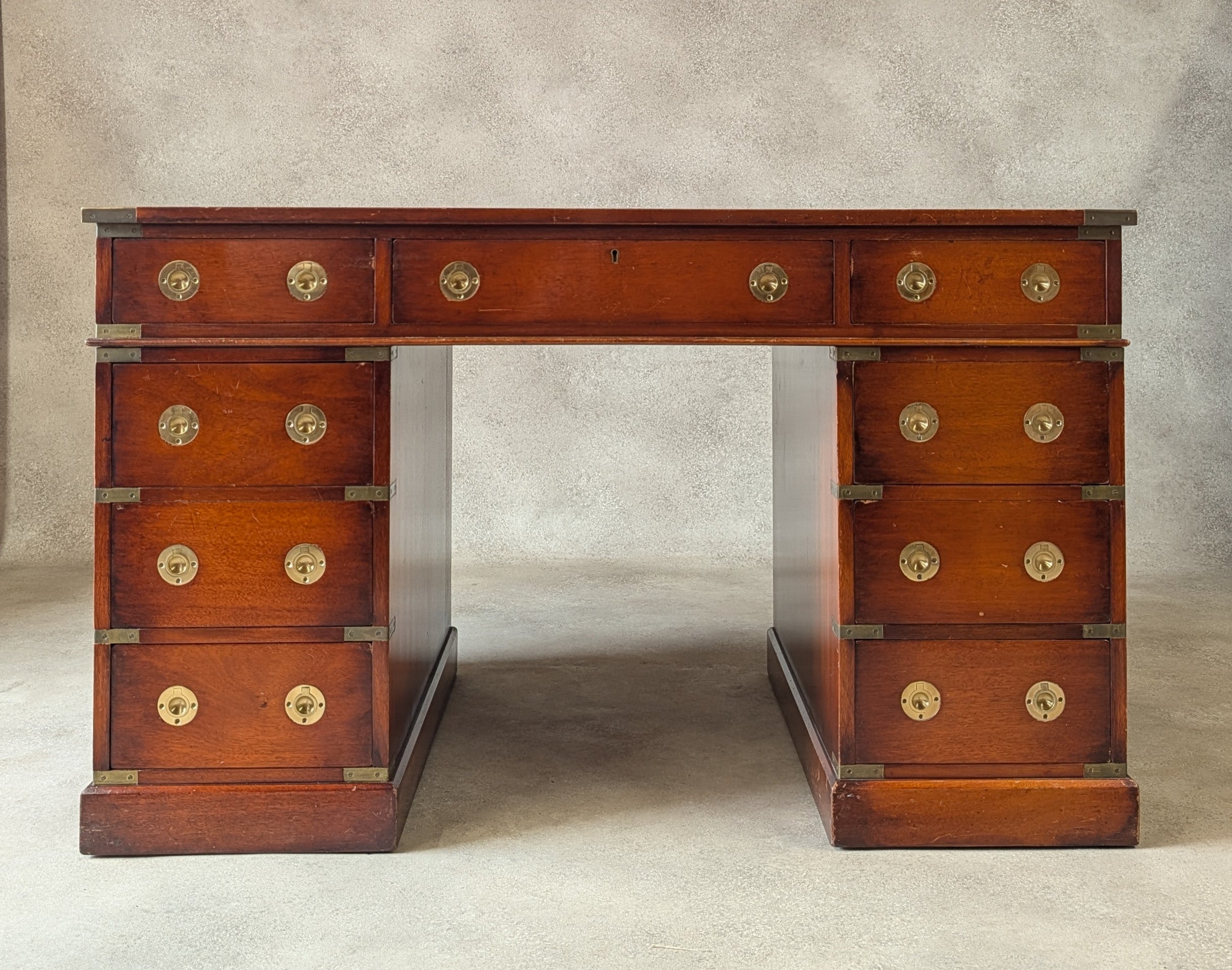 Vintage Red Leather Top Desk Campaign Military Style Mahogany Writing Desk