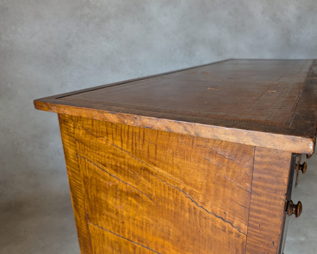 Antique Victorian Burr Walnut & Fiddleback Kneehole Desk With Bobbin Legs c.1890
