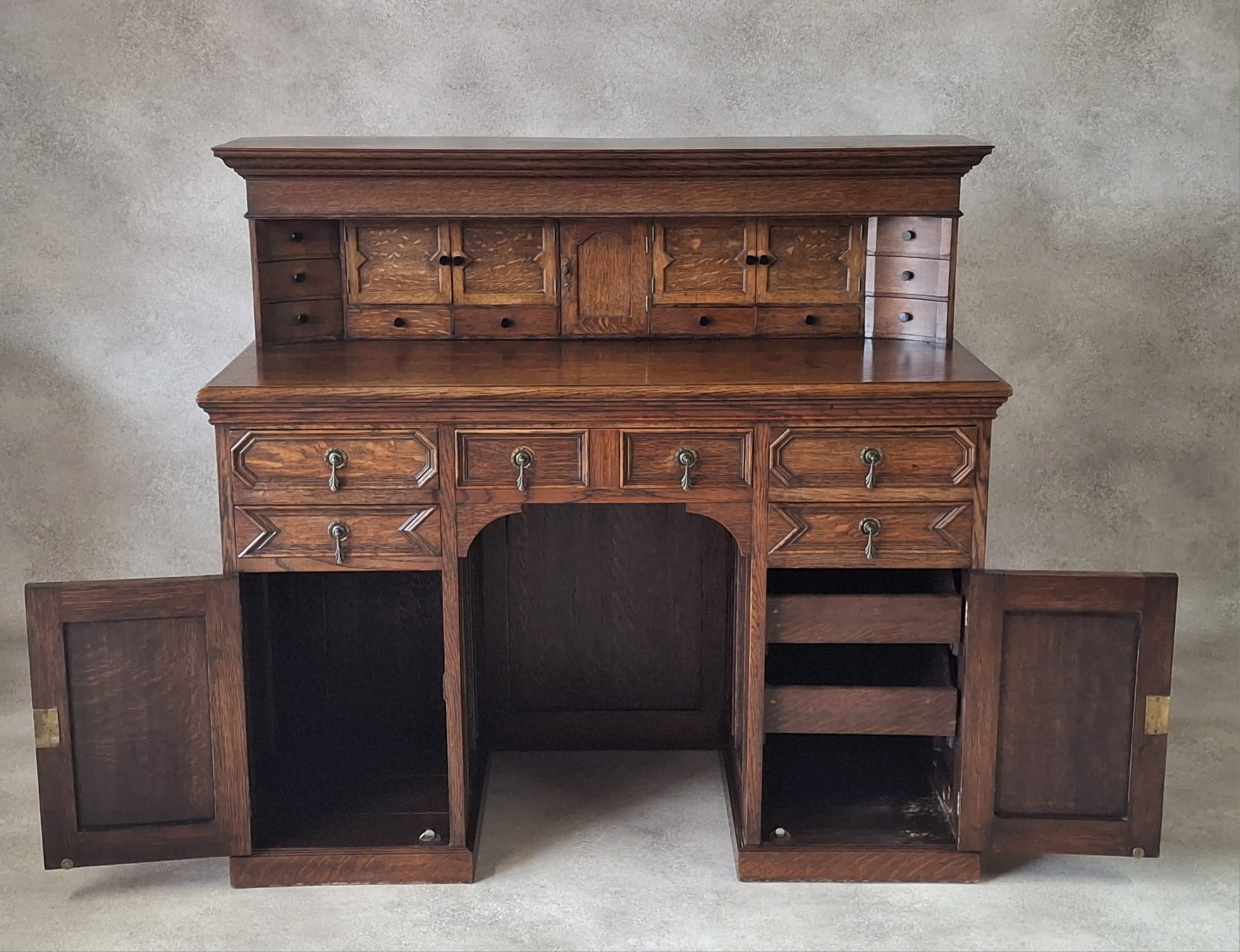 Large Antique Edwardian Jacobean Revival Oak Pedestal Desk - Gallery Top
