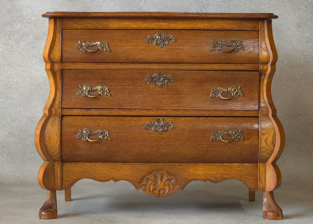 Small Oak Dutch Bombe Commode – Ornate Vintage Three-Drawer Chest