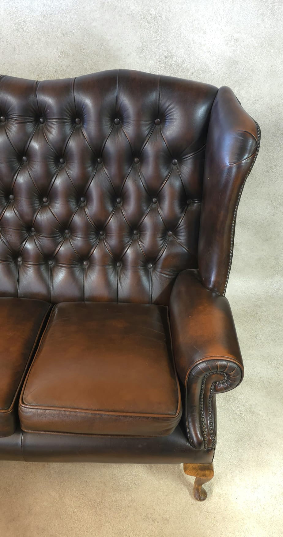 Vintage Queen Anne Style High Back Brown Leather Chesterfield Sofa