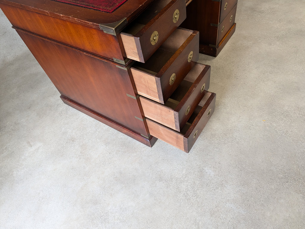 Vintage Red Leather Top Desk Campaign Military Style Mahogany Writing Desk