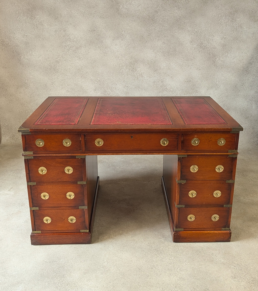 Vintage Red Leather Top Desk Campaign Military Style Mahogany Writing Desk