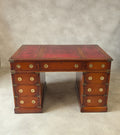Vintage Red Leather Top Desk Campaign Military Style Mahogany Writing Desk