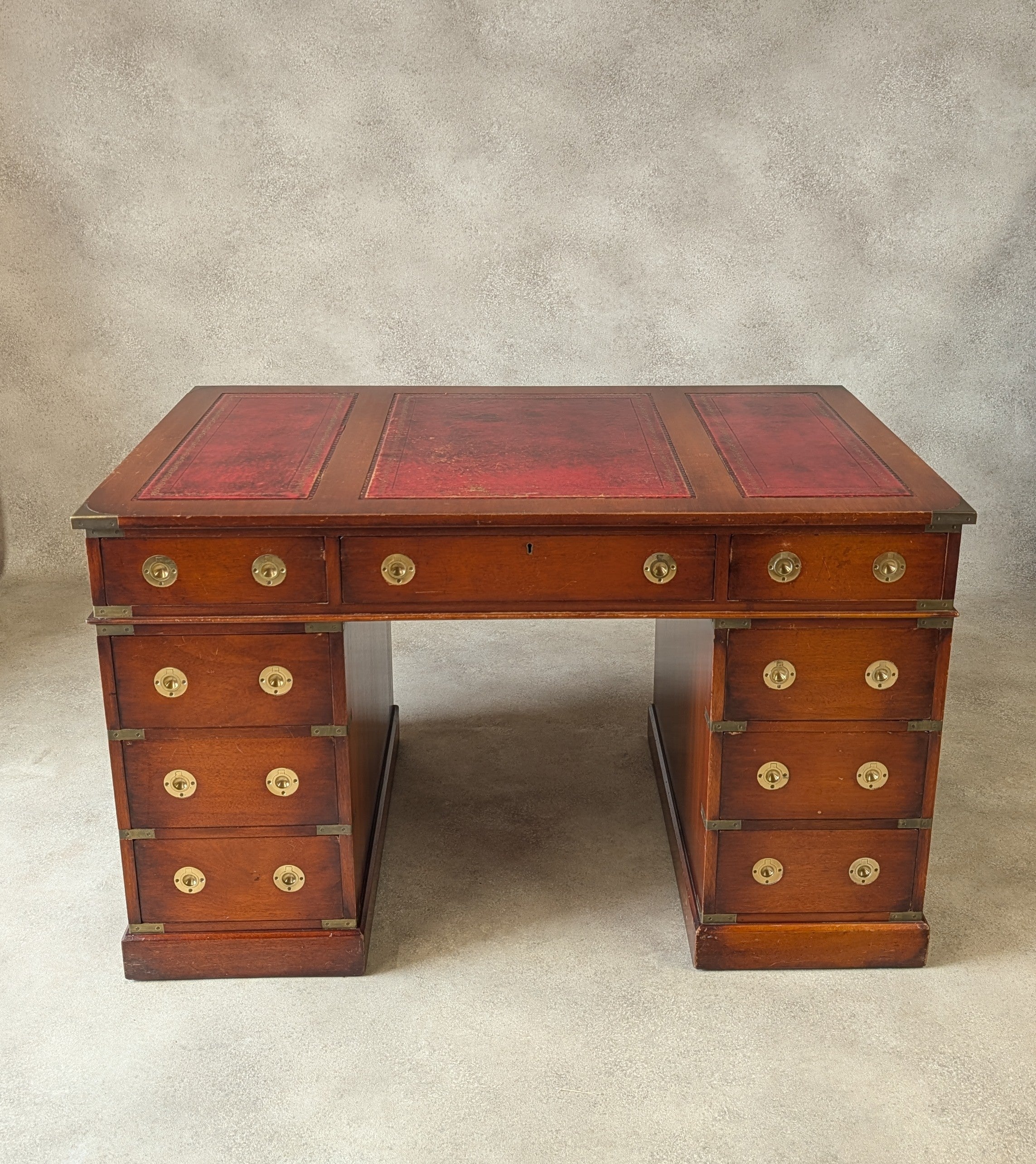 Vintage Red Leather Top Desk Campaign Military Style Mahogany Writing Desk