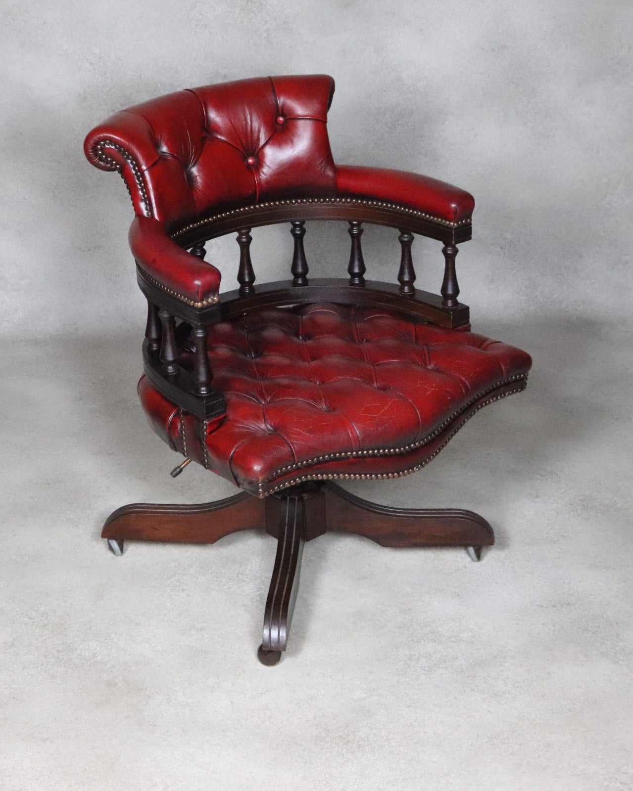 Vintage Red Leather Chesterfield Captians Chair Swivel Office / Desk Chair