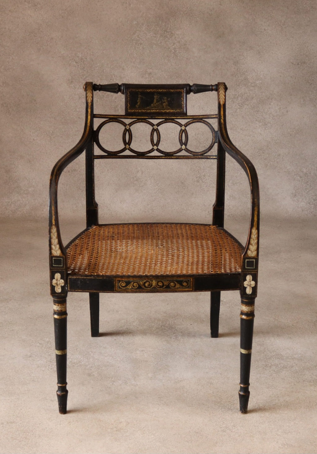 Antique Regency Ebonised parcel-Gilt Painted Elbow Chair Cane Seat Armchair
