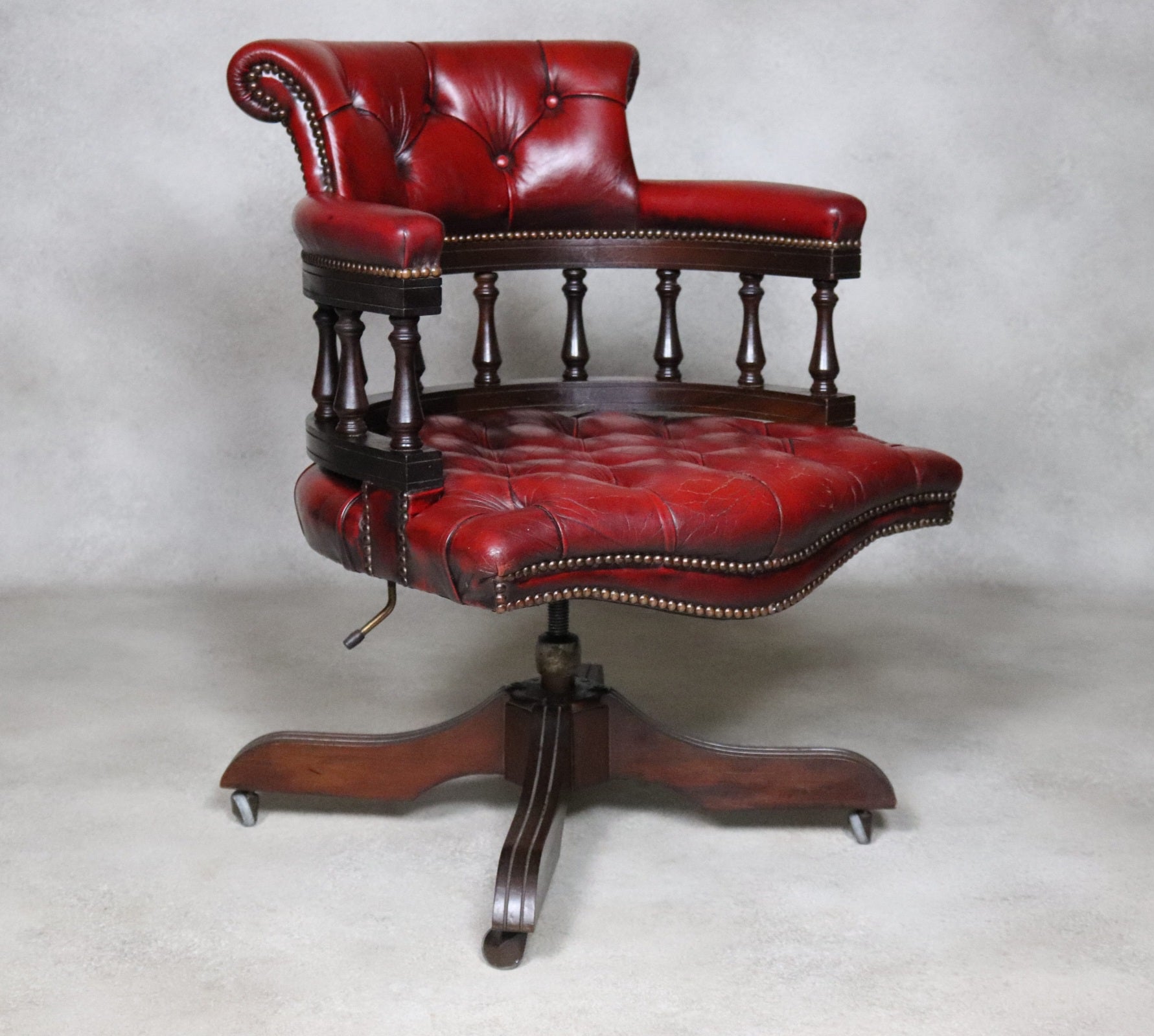 Vintage Red Leather Chesterfield Captians Chair Swivel Office / Desk Chair