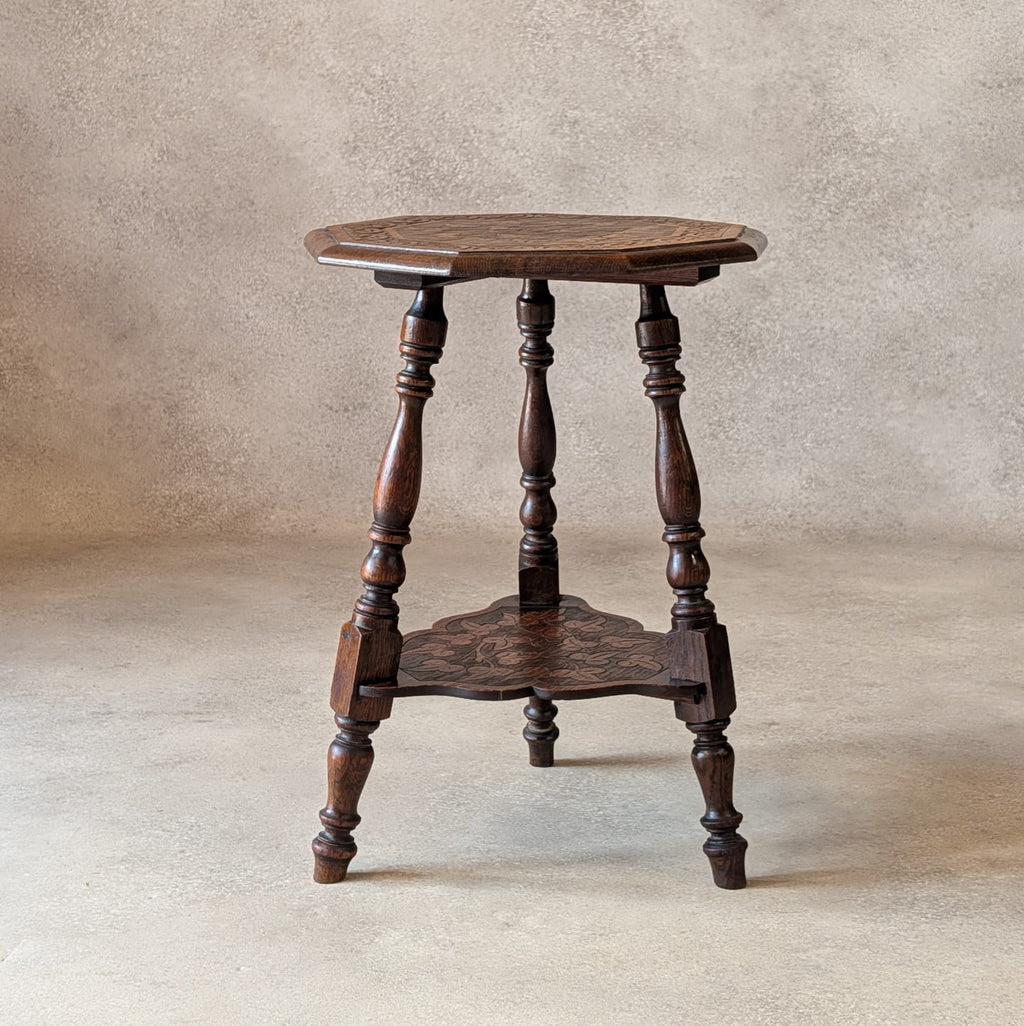 Antique Arts & Crafts Carved Oak Side Table Liberty Style Octagonal Plant Stand