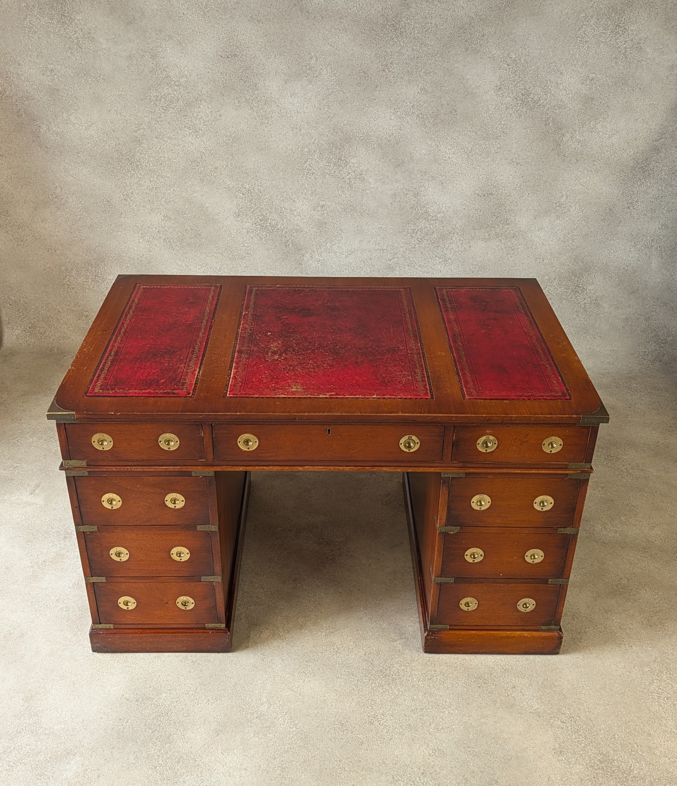 Vintage Red Leather Top Desk Campaign Military Style Mahogany Writing Desk