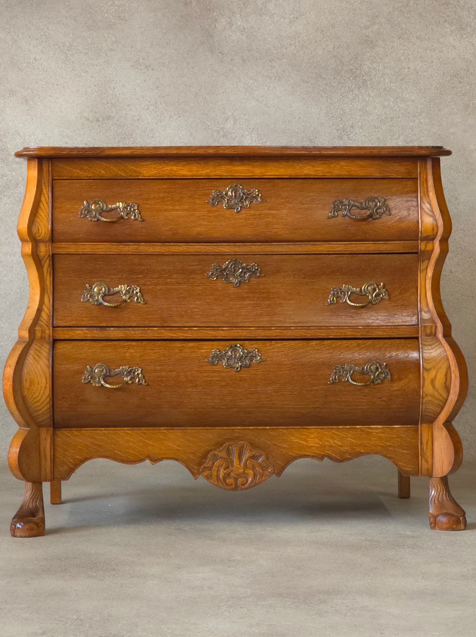 Small Oak Dutch Bombe Commode – Ornate Vintage Three-Drawer Chest