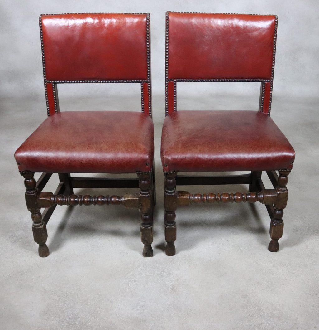 Set Of 6 Antique Cromwellian Style Oak And Leather Dining Chairs