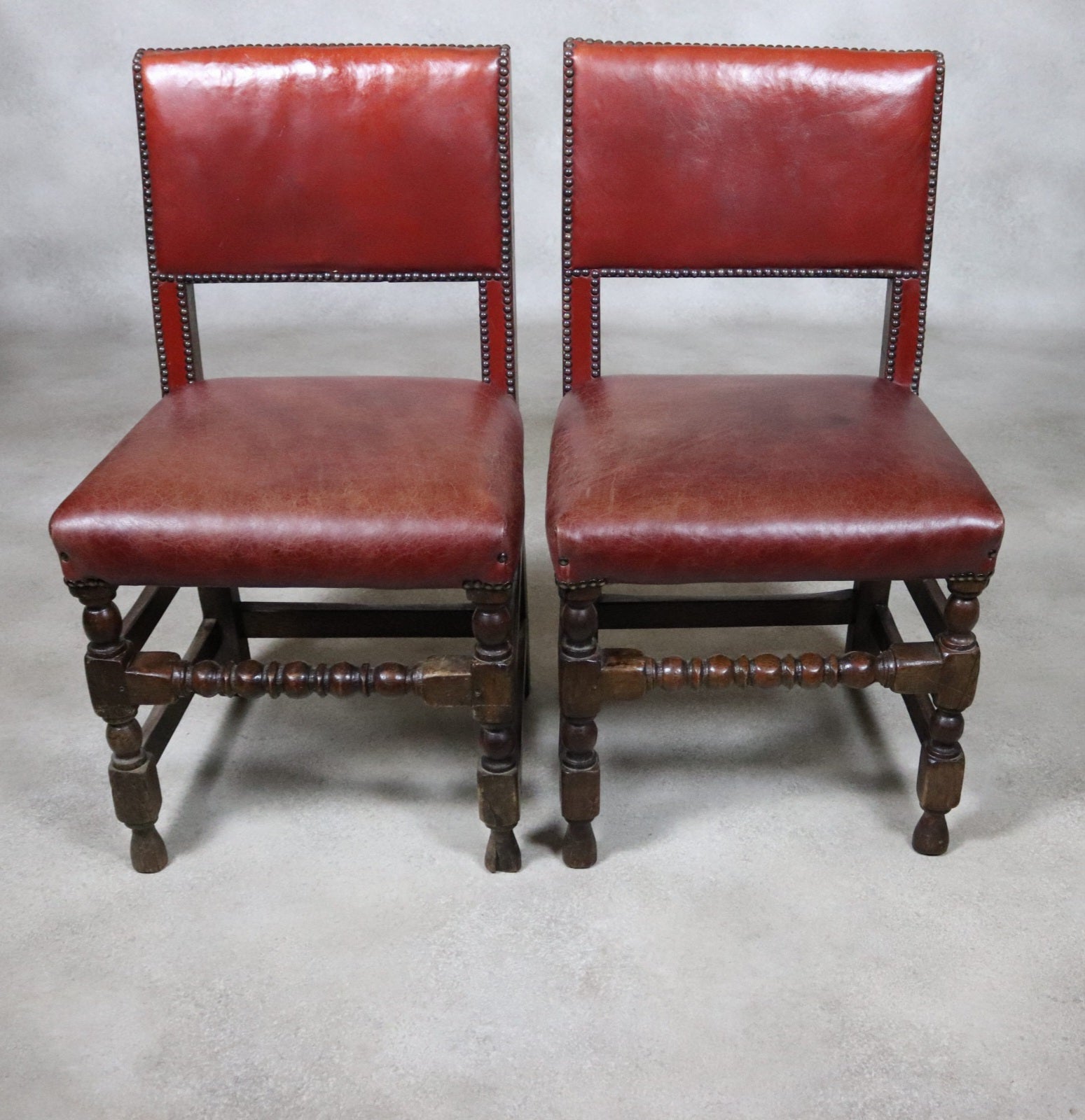 Set Of 6 Antique Cromwellian Style Oak And Leather Dining Chairs