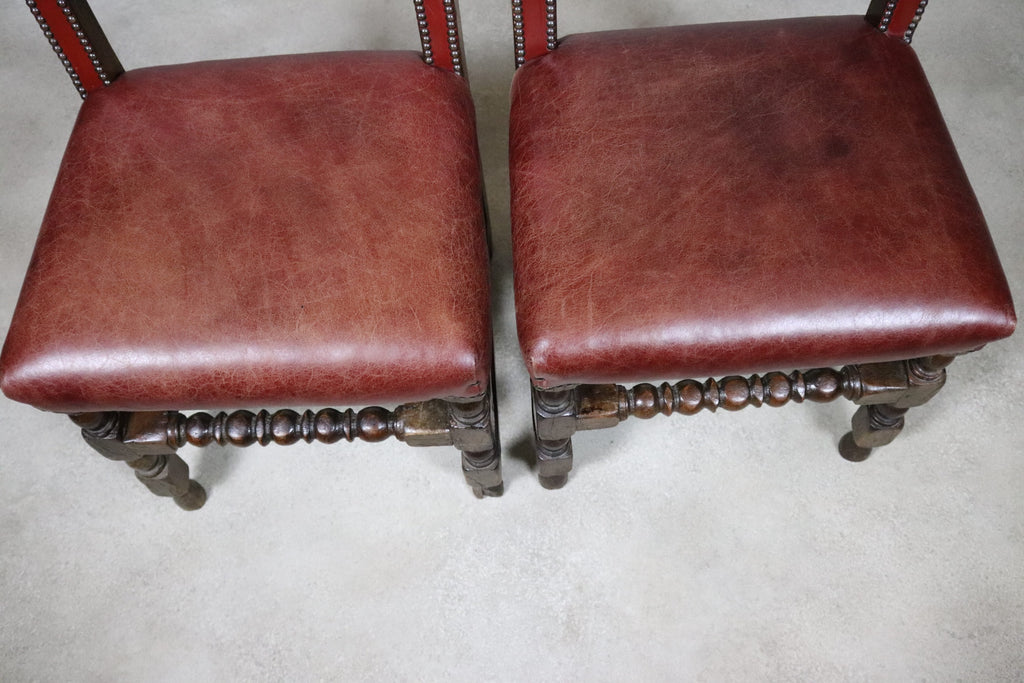 Set Of 6 Antique Cromwellian Style Oak And Leather Dining Chairs