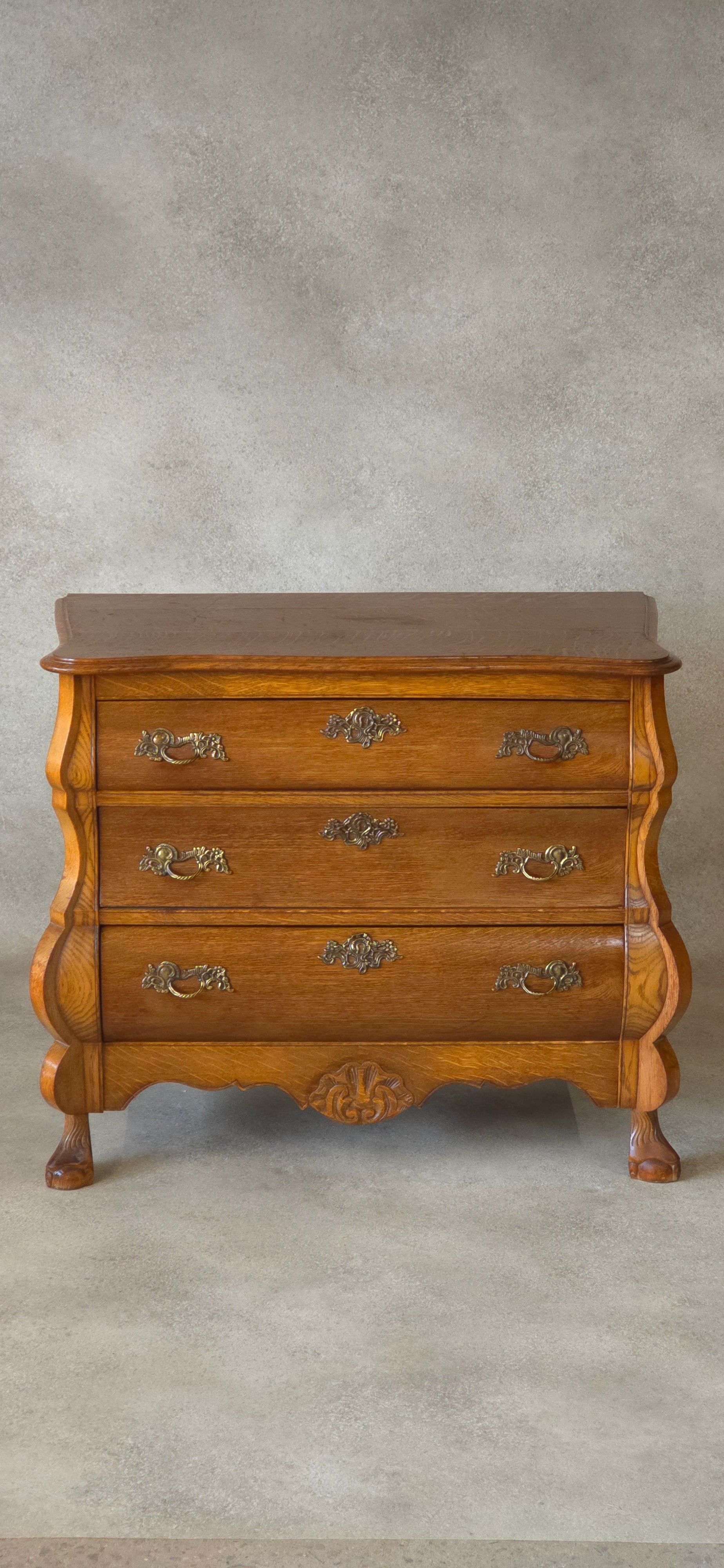 Small Oak Dutch Bombe Commode – Ornate Vintage Three-Drawer Chest