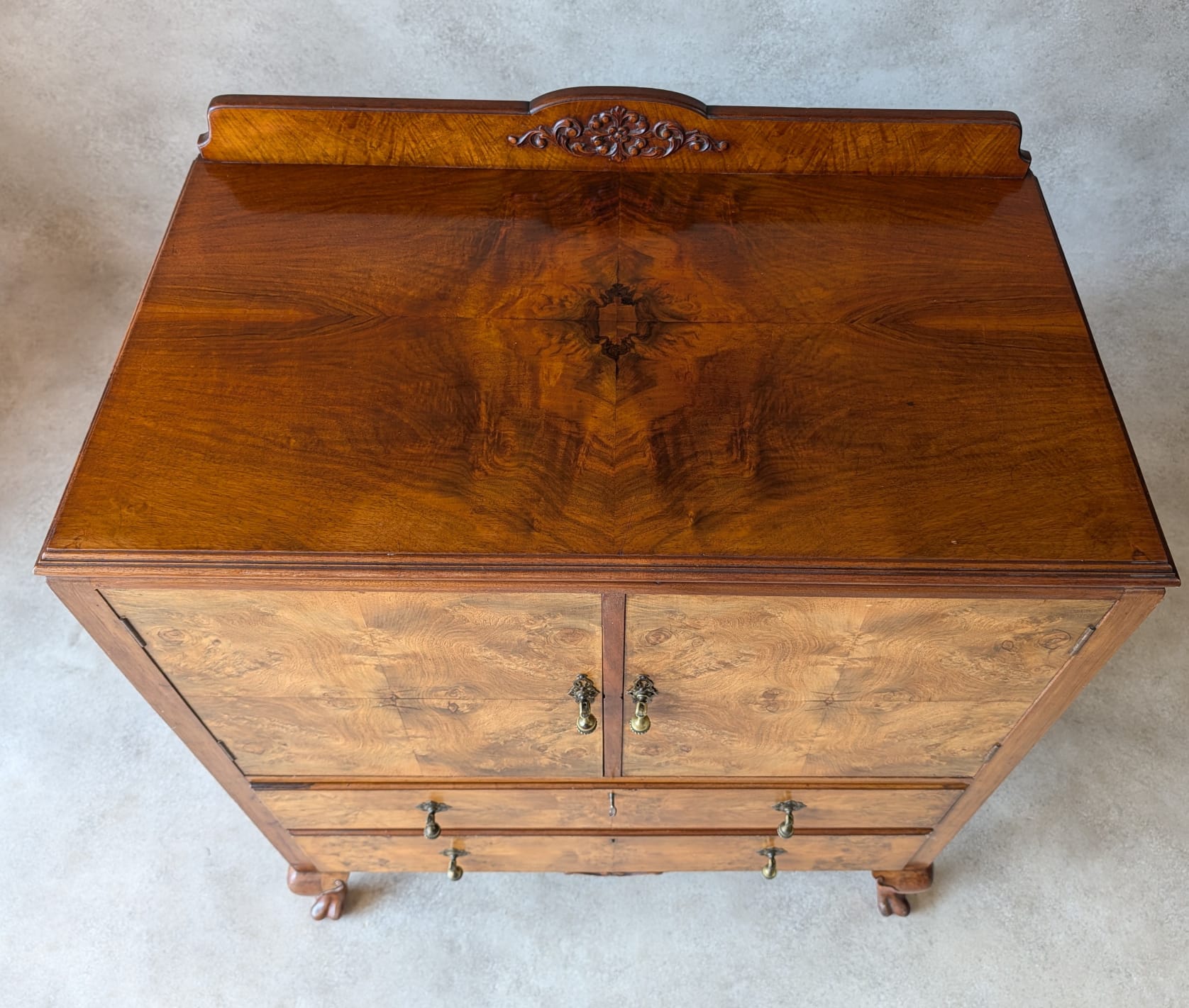 Vintage Art Deco Burr Walnut Linen Cupboard Queen Anne Style Tallboy 1930s