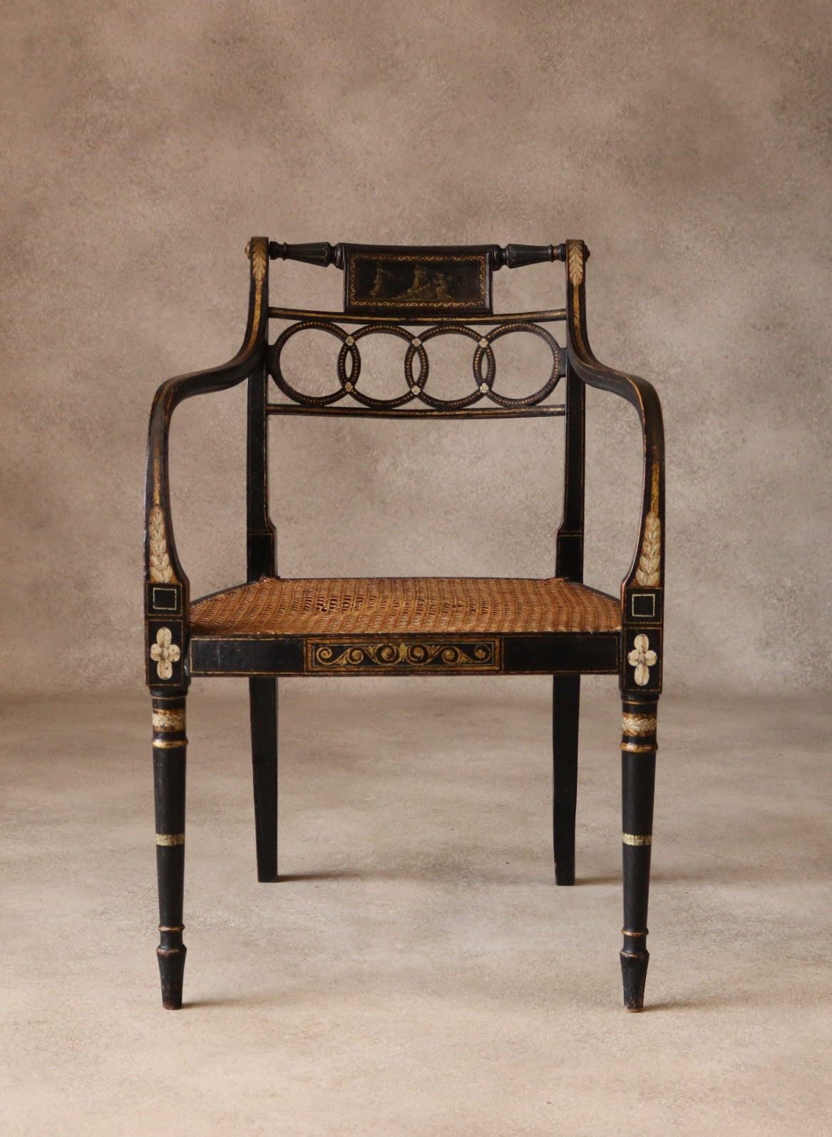 Antique Regency Ebonised parcel-Gilt Painted Elbow Chair Cane Seat Armchair