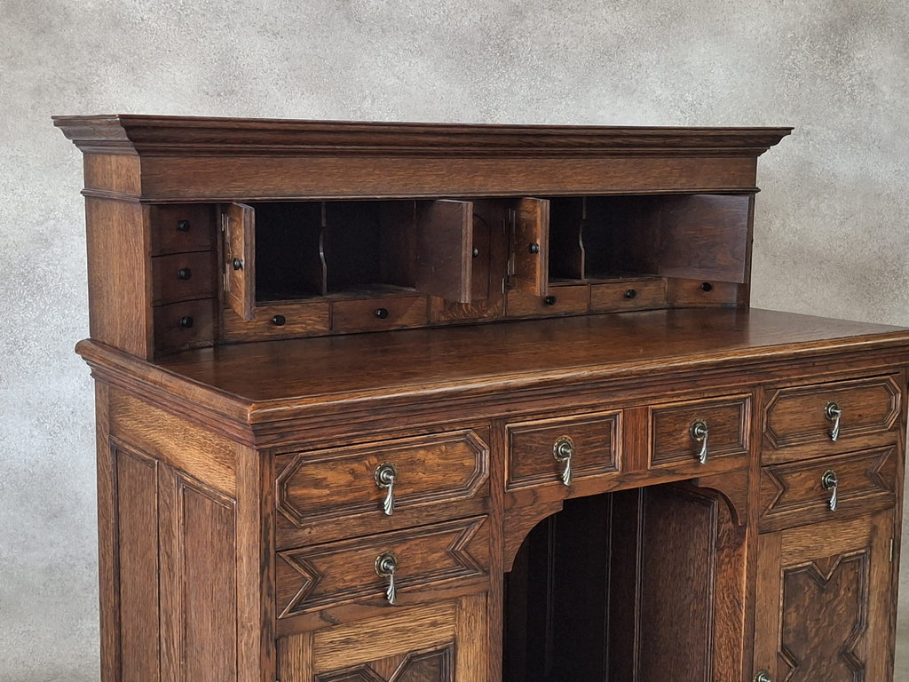 Large Antique Edwardian Jacobean Revival Oak Pedestal Desk - Gallery Top