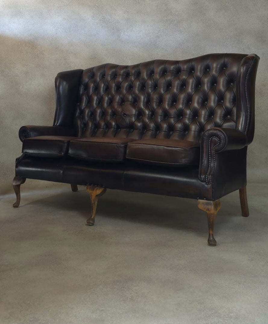 Vintage Queen Anne Style High Back Brown Leather Chesterfield Sofa